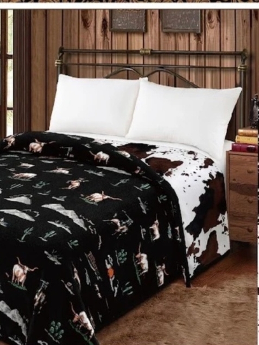 Cowhide Print Black Southwestern Plush Throw Blanket - Unbranded